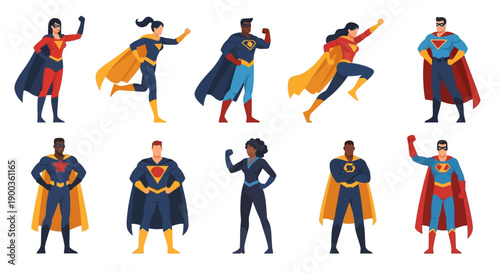 Diverse Superheroes in Dynamic Poses, Showcasing Strength and Courage, Vector Illustrations, Modern Style