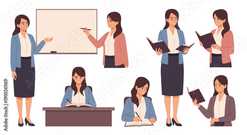 Businesswoman in various professional settings, presenting, reading, and working in office environments from multiple viewpoints