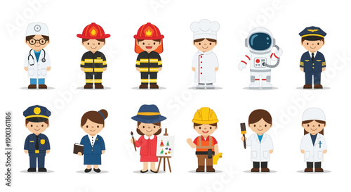 Diverse Professionals in Various Occupations Standing Together in a Clean White Background Vector Illustration