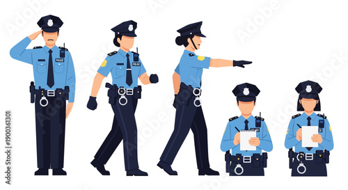 Police officers in uniform performing various actions on a white background