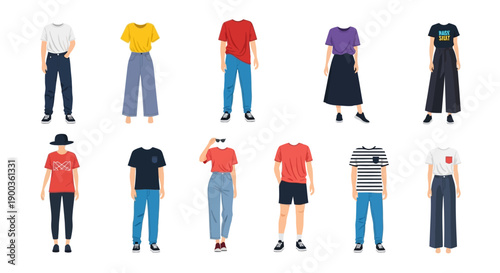 Diverse group of people standing in various poses and outfits, showcasing different clothing styles and accessories.