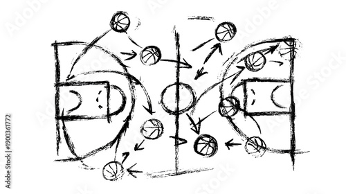 Basketball play tactics strategy drawn isolated on white background, hand draw black marker, clipping path Stock Illustration