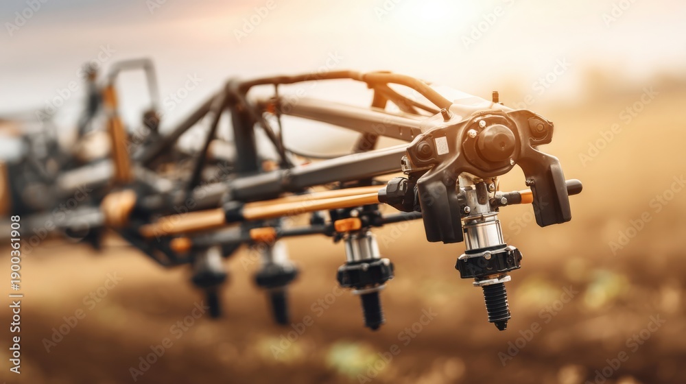 Fototapeta premium Close-up of an agricultural sprayer boom arm with multiple nozzles operating in a sunlit field during golden hour, representing modern farming technology.