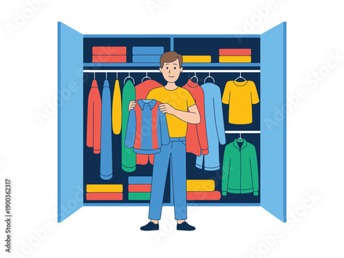 A man stands in front of an open closet full of colorful clothes and accessories.