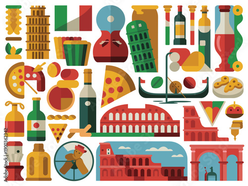 A colorful illustration of Italian culture featuring various food, drink, and landmark icons.