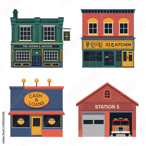 A colorful illustration of four different storefronts on a white background