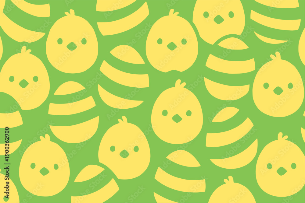 Fototapeta premium Easter eggs and baby chicks repeating pattern on green background