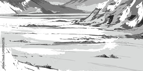 Arctic landscape vector black line illustration isolated white. Sketch art