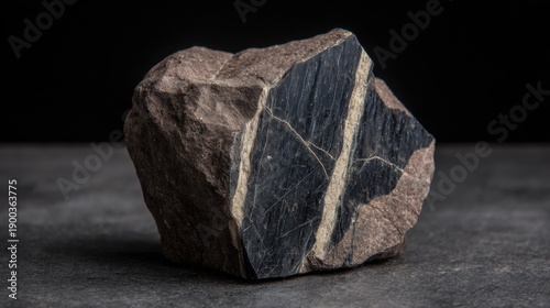 Close-up view of a raw, unpolished mineral rock with distinct dark veins and lighter striations against a dark background.