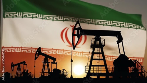 Silhouetted oil pumps against the iranian flag depict the tense us-iran crude oil crisis.