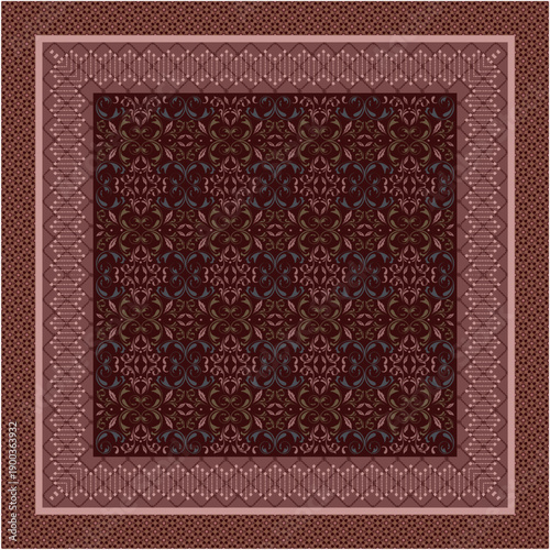 Luxury Royal Ornamental Pattern in Deep Maroon and Dusty Pink with Elegant Vintage Frame Perfect for Exclusive Scarf Design Fashion Accessories Home Decor and Elegant Textile Print