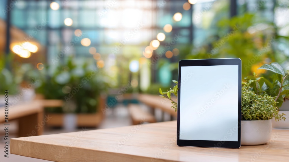 Fototapeta premium Digital tablet with blank screen standing on wooden table in a cafe with blurred green plants and bokeh lights