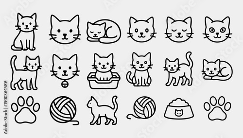 A collection of black line art illustrations of cats and cat-related objects on a gray background with a minimalist style.