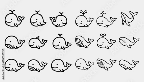 A set of 15 simple line-drawn whale icons in various poses and expressions on a plain gray background.