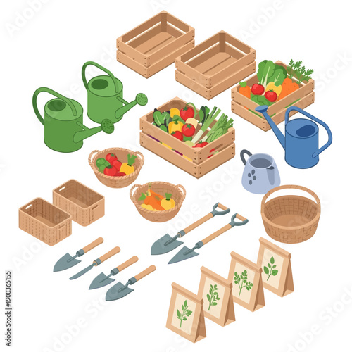 Gardening tools and vegetables in wooden crates and baskets.