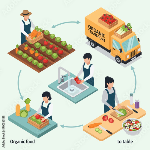 Organic food production and delivery process illustration.