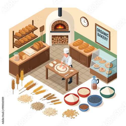 Baker preparing dough in a traditional bakery with various ingredients and baked goods.
