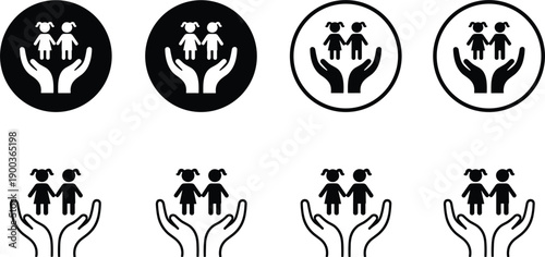 Child care protection icon set showing kids in hands symbol outline solid flat vector illustration minimal design