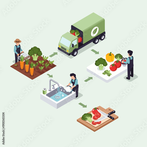 Fresh produce being harvested, washed, and prepared for delivery.