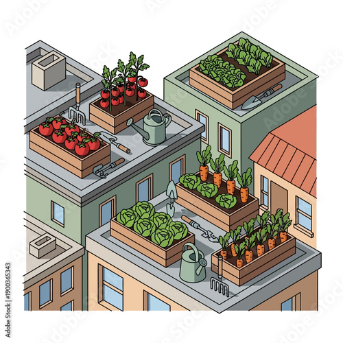 Rooftop garden with various vegetables and plants.