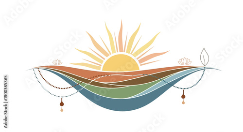 Vector illustration of Ekadashi Vrats icon with sunrise and leaf elements on a clean white background.