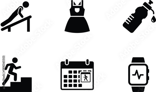 Fitness and healthy lifestyle icon set featuring exercise hydration calendar workout tracking symbols vector illustration minimal design