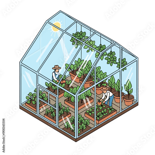 Isometric Greenhouse with People Tending to Plants and Vegetables.