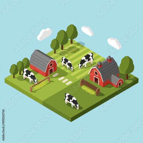Isometric illustration of a farm with cows and red barns.