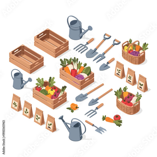 Gardening Tools and Vegetables in Crates and Baskets.
