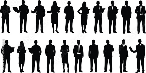 Set of professional business people silhouettes, men and women in suits standing with laptops and folders, corporate team isolated icons
