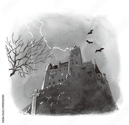 水彩絵の具、手で描いたルーマニアのブラン城、ドラキュラ城のベクターイラスト