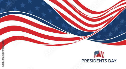 Vector illustration of a waving American flag design on a Presidents Day background with a frame and icons for business celebration and decoration