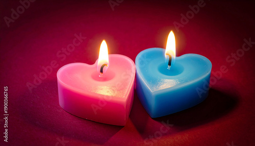 Pink and blue heart shaped candles burning together on red background. Romantic love concept for Valentine’s Day, wedding, relationship, romance and emotional celebration with copy space.