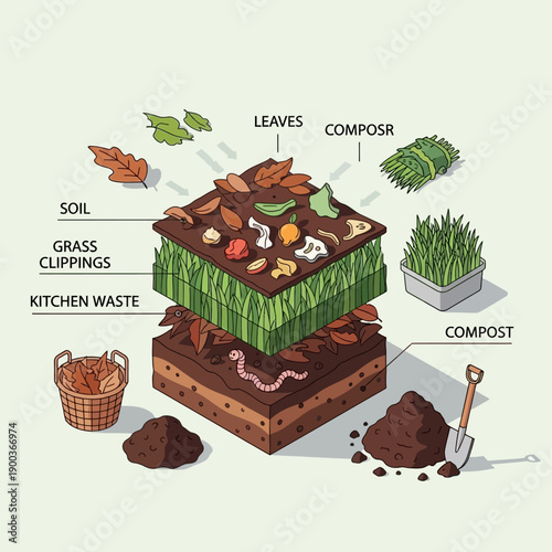 Composting Process Layers with Organic Waste and Soil.