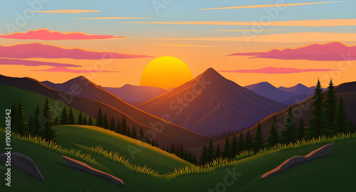 sunset, mountains, hills, peaks, ridge, landscape, nature, sky, clouds, horizon, dusk, twilight, glow, light, warm, golden, orange, pink, blue, gradient, calm, peaceful, scenic, cartoon, illustration,