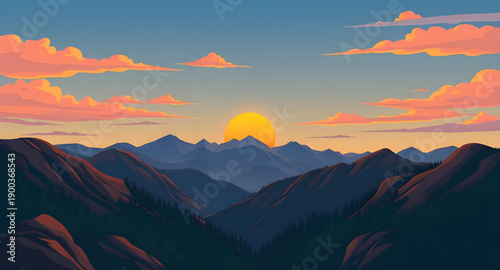sunset, mountains, hills, peaks, ridge, landscape, nature, sky, clouds, horizon, dusk, twilight, glow, light, warm, golden, orange, pink, blue, gradient, calm, peaceful, scenic, cartoon, illustration,