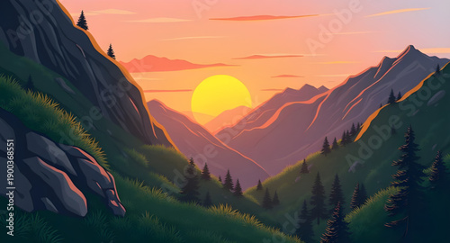 sunset, mountains, hills, peaks, ridge, landscape, nature, sky, clouds, horizon, dusk, twilight, glow, light, warm, golden, orange, pink, blue, gradient, calm, peaceful, scenic, cartoon, illustration,