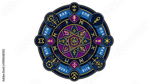 Intricate Arcane Magic Circle Emblem with Esoteric Symbols and Runes, Mystical Fantasy Design