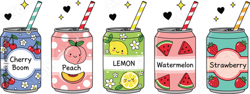 Cute Fruit Soda Can Vector Illustration Set with Cherry Peach Lemon Watermelon Strawberry Flavors for Summer Drink Packaging Designs