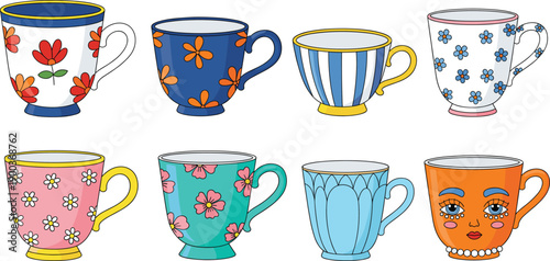Cute Decorative Tea and Coffee Cups Vector Illustration Set with Floral Patterns, Colorful Mugs, and Hand Drawn Drinkware Designs