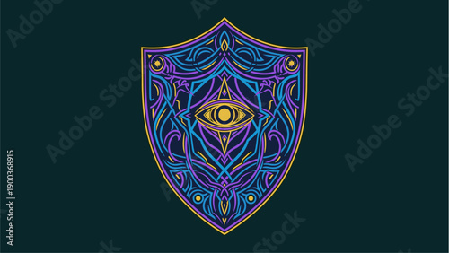 Ornate Mystical Shield Emblem with All-Seeing Eye and Intricate Patterns in Vibrant Neon Colors