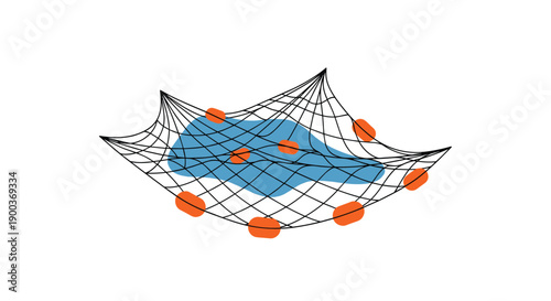 A simple yet effective fishing net spread out with buoyant orange floats capturing a blue shape representing a successful catch.
