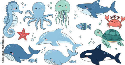 Cute Ocean Animal Vector Illustration Set with Whale, Dolphin, Shark, Octopus, Jellyfish, Turtle, Crab, and Sea Creatures for Kids Designs