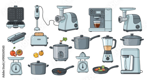 A comprehensive assortment of various kitchen appliances and cookware including blenders coffee makers pots and waffle irons for modern cooking.