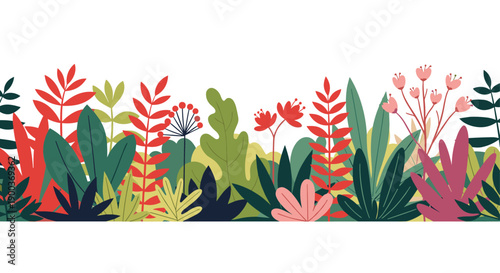 A vibrant and lush seamless border design featuring a variety of colorful tropical plants and foliage perfect for nature-themed decorations.