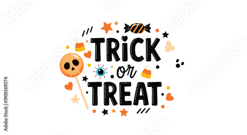 A festive "Trick or Treat" Halloween design featuring a variety of candies a skull lollipop and playful spooky elements for celebration.