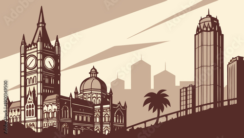 Mumbai skyline in sepia tones displays the citys architectural beauty, suitable for travel websites, city guides, and promotional materials.