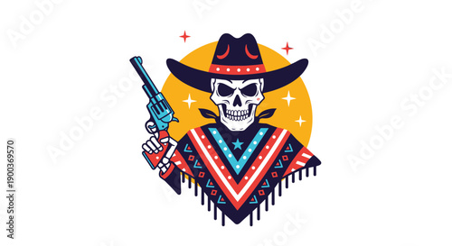 A striking illustration of a skeleton cowboy wearing a wide-brimmed hat and poncho holding a revolver ready for a western adventure.
