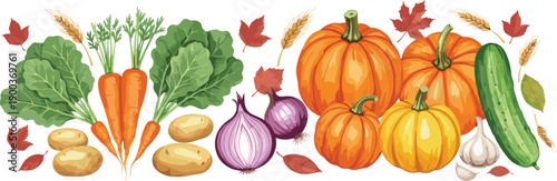Autumn Harvest Vegetables Vector Illustration Set with Pumpkins, Carrots, Potatoes, Onions, Cabbage, Cucumber, and Fall Leaves for Seasonal Designs