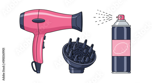 Essential hair styling tools including a pink hair dryer a diffuser attachment and hairspray for achieving perfect hair styles.
